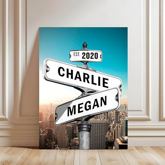 Personalized Vintage Street Sign For Couples Canvas, Custom Engagement Gift For Couple, Crossroads Wedding Date Names Street Signs Sunset Beach, Custom Name Intersection Sign Poster Wall art (BG13)