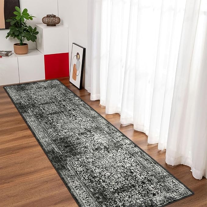vivorug Black Runner Rug 2x10 Machine Washable Rug with Non-Slip Backing, Ideal for Kitchen Hallway Entryway Laundry Room - Vintage, Durable, Easy Clean, Low Pile Carpet Runner
