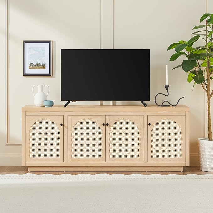 Walker Edison Sasha 4-Door Sideboard Buffet with Arched Rattan Panels, 70 Inch, Coastal Oak