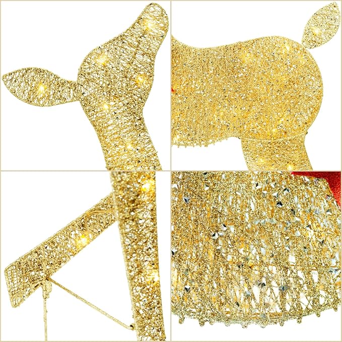 YULETIME 3-Piece Pre-lit 2.5D Christmas Reindeer Family, Lighted Glitter Deer Holiday Decoration With Warm White LED Lights