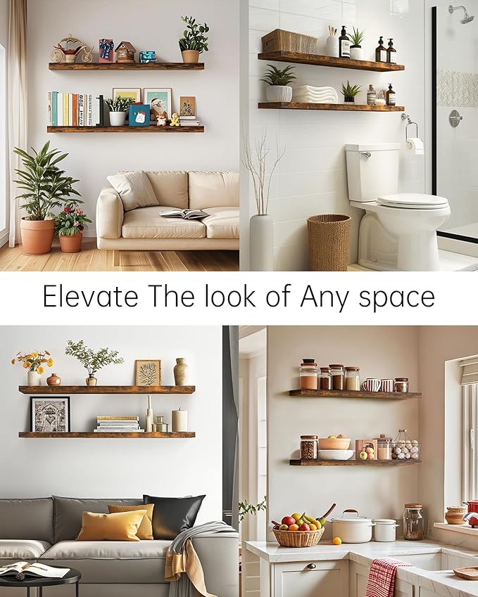 BAYKA Floating Shelves, 48 inch Wall Mounted Rustic Wood Shelves for Bathroom, Bedroom, Living Room, Kitchen, Office, Hanging Shelf for Books/Storage/Decor(Rustic Brown,Set of 2)