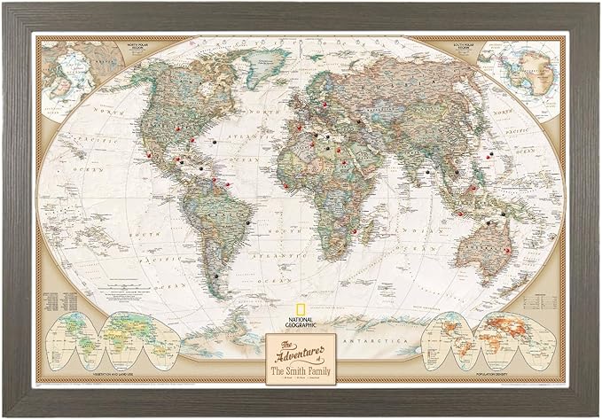 Canvas Executive World Map Pin Board – Framed Travel Map with Pins for Wall – Personalized Push Pin World Map for Tracking Journeys – 27.5" x 39.5" Barnwood Gray Frame