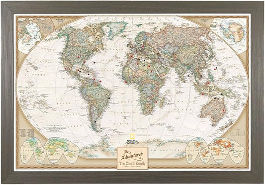 Canvas Executive World Map Pin Board – Framed Travel Map with Pins for Wall – Personalized Push Pin World Map for Tracking Journeys – 27.5" x 39.5" Barnwood Gray Frame