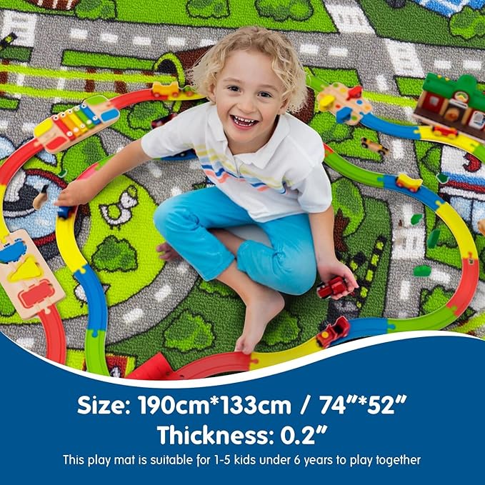 Booooom Jackson Large Car Rug 4’4" × 6’3",Train Track Car Mat for Kids Toy Cars,City Road Car Carpet,Kids Play Rug,Playmat Race Track Play Mat Playroom Area Rug