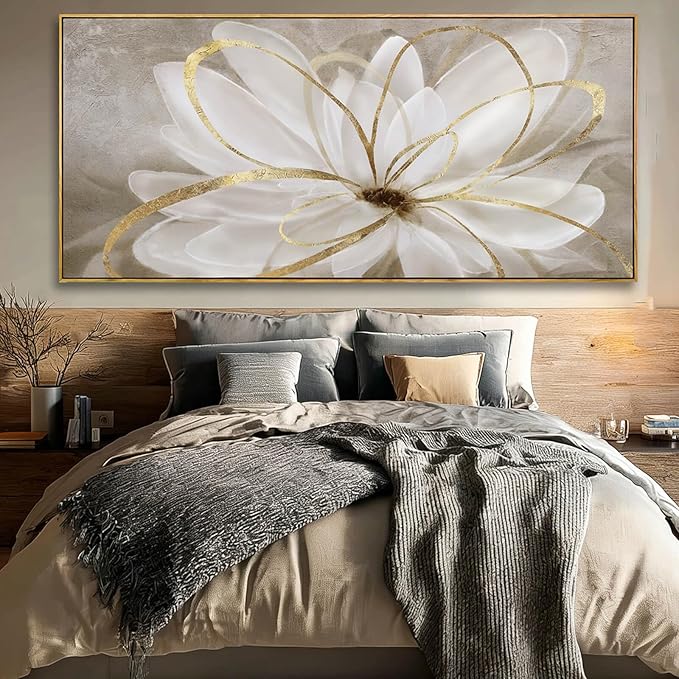 SOUGUAN White Floral Wall Art Line Wall Decor Vintage Canvas Painting 40"x86" Artwork for Bedroom Large Pictures for Dining Room