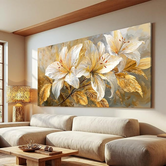 Canvas Wall Art Decor White Flower large wall art Decor For Living Room Gold Botanical Wall Art Decor Modern Aesthetics Wall Art Paintings Prints For Home Bedroom Office Room Wall Decor 24×48 Inch