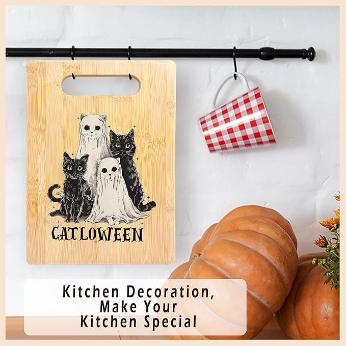 SPBL&L Halloween Black Cat Ghost Cutting Board, Cat Lover Gifts, Halloween Kitchen Decor, Spooky Ghost Kitty Kitten Catloween Decorative Bamboo Cutting Chopping Board for Kitchen