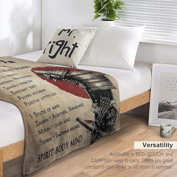 Samurai Warrior Throw Blanket - Japanese Gifts for Boys Men Kids Adults - Soft Warm Cozy Fleece for Couch Sofa Bed 40"x50"