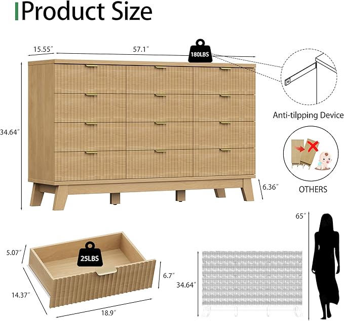 Fluted Dresser for Bedroom with 12 Drawers, 57" Wide Modern Chest of Drawers with Metal Handle, Wooden Dresser TV Stand, Wood Closet Clothes Storage Organizer for Living Room, Hallway, Natural Oak