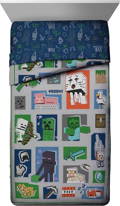 Jay Franco Minecraft 7pc Full Bed Set - Includes Comforter, Sheet Set & Decorative Pillow Shams - Features Creeper, Ghost, Zombie & Enderman Characters