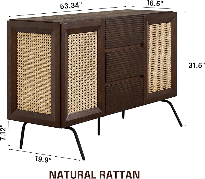 NTC MOSSIC Sideboard with 2 Doors and 3 Drawers, Buffet Cabinet with Natural Rattan and Metal Legs, Modern Storage Cabinet for Living Room, and Hallway, Effortless Assembly - Dark Walnut