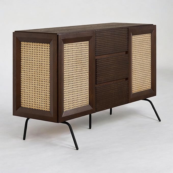 NTC MOSSIC Sideboard with 2 Doors and 3 Drawers, Buffet Cabinet with Natural Rattan and Metal Legs, Modern Storage Cabinet for Living Room, and Hallway, Effortless Assembly - Dark Walnut