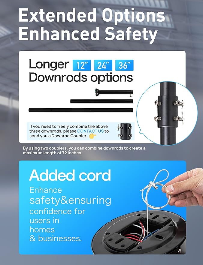 100 Inch Large Industrial HVLS Ceiling Fan with 6 Black Double-Layer Aluminum Blades,High CFM Ceiling Fan with Light and Remote,12/24/36in Downrod,Quiet DC Motor Outdooor Fan for Patio