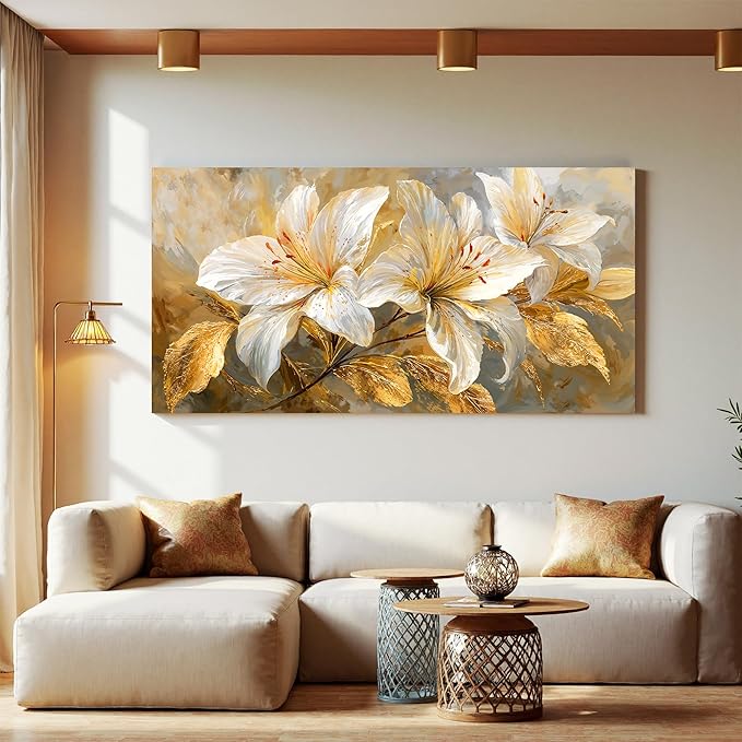 Canvas Wall Art Decor White Flower Pictures Wall Decor For Living Room Gold Botanical Wall Art Decor Modern Aesthetics Wall Art Paintings Prints For Home Bedroom Office Room Wall Decor 20×40 Inch