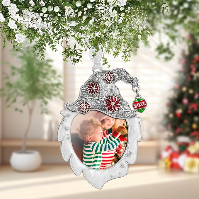 West style 2025 Snowflake Christmas Tree Ornaments Set 3 Pieces-Metallic Picture Frame Ornament Hanging Home Deco Gnomes Reindeer Hanging Pendant Holiday Keepsake Gift (White)