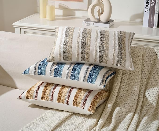 Zealax Modern Farmhouse Decorative Lumbar Pillow Covers 12x20 Inch Boho Throw Pillows Neutral Soft Chenille Couch Cushion Covers, Set of 2 Velvet Striped Accent Pillows Cases for Sofa Bed, Blue