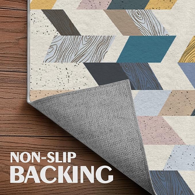 Bathroom Rug 3x5 Entryway Geometric Collage Mat Wooden Floor Texture Modern Area Rug Boho Western Machine Washable Soft Rug Carpet for Entrance Beside Living Room Bedroom Kitchen Office Indoor