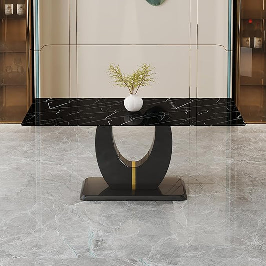 JUFU 71" Modern Dining Table for 6, Marble-Look Rectangular Kitchen Table, Glossy Black Top, Pedestal Base with Gold Accent, Easy Assembly Dining Room Table, Scratch-Resistant & Easy Clean