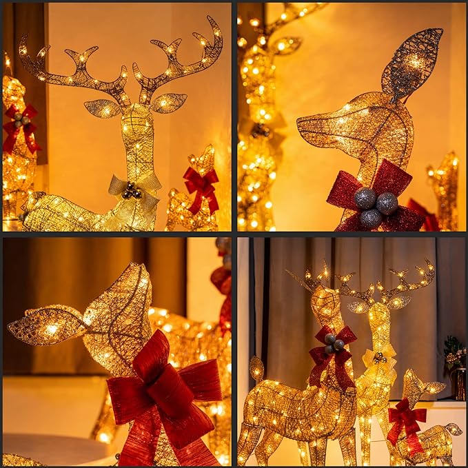 YULETIME 3-Piece Pre-lit 3D Christmas Reindeer Family, Lighted Glitter Christmas Deer Family Holiday Decoration with Warm White LED Lights (3D 3-Piece)