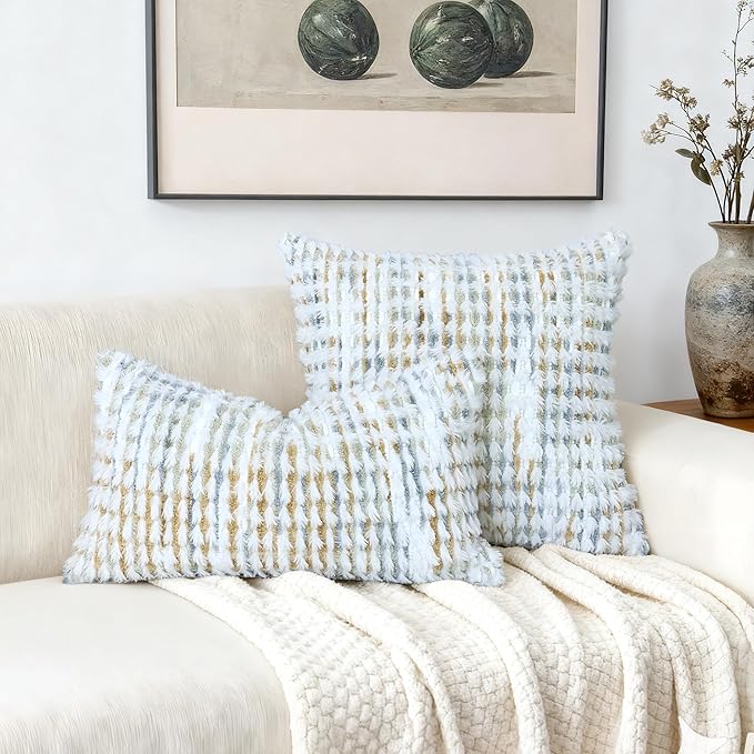 Boho Chenille Tufted Pillow Cover 18x18 Inch Set of 1, Farmhouse Striped Decorative Pillow Covers Accent Fluffy Neutral Square Pillowcases for Couch Sofa Bedroom Living Room, Gray Khaki