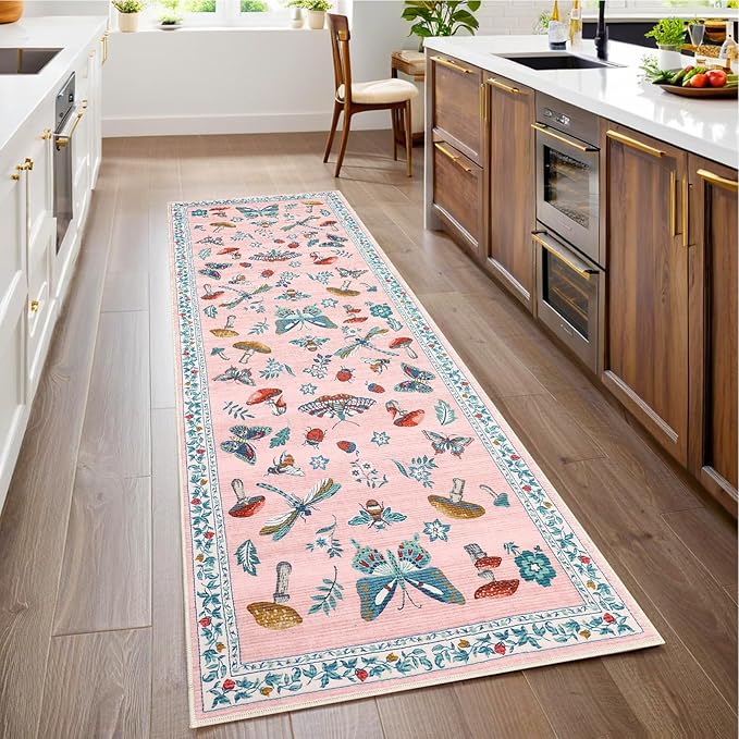 Mushroom Insect 2x6 Runner Rug for Hallway Washable Kitchen Rugs Non Slip with Rubber Back Pink Low-Pile Stain Resistant Indoor Carpet for Entryway Bathroom Laundry Dorm