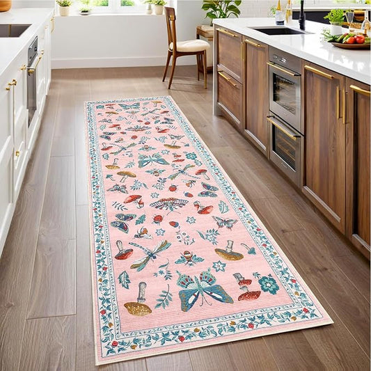Mushroom Insect 2x6 Runner Rug for Hallway Washable Kitchen Rugs Non Slip with Rubber Back Pink Low-Pile Stain Resistant Indoor Carpet for Entryway Bathroom Laundry Dorm