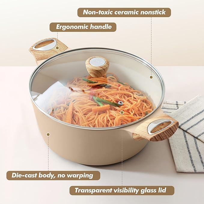 SENSARTE Ceramic Nonstick Stock Pot with Lid, 2.6/4.5/6.6/8.5 QT Soup Pot Casserole Pot, Non-toxic Healthy Pasta Pot, Large Cooking Pot Stew Pot, Induction Compatible, PFOA PFAS PTFE Free, Taupe