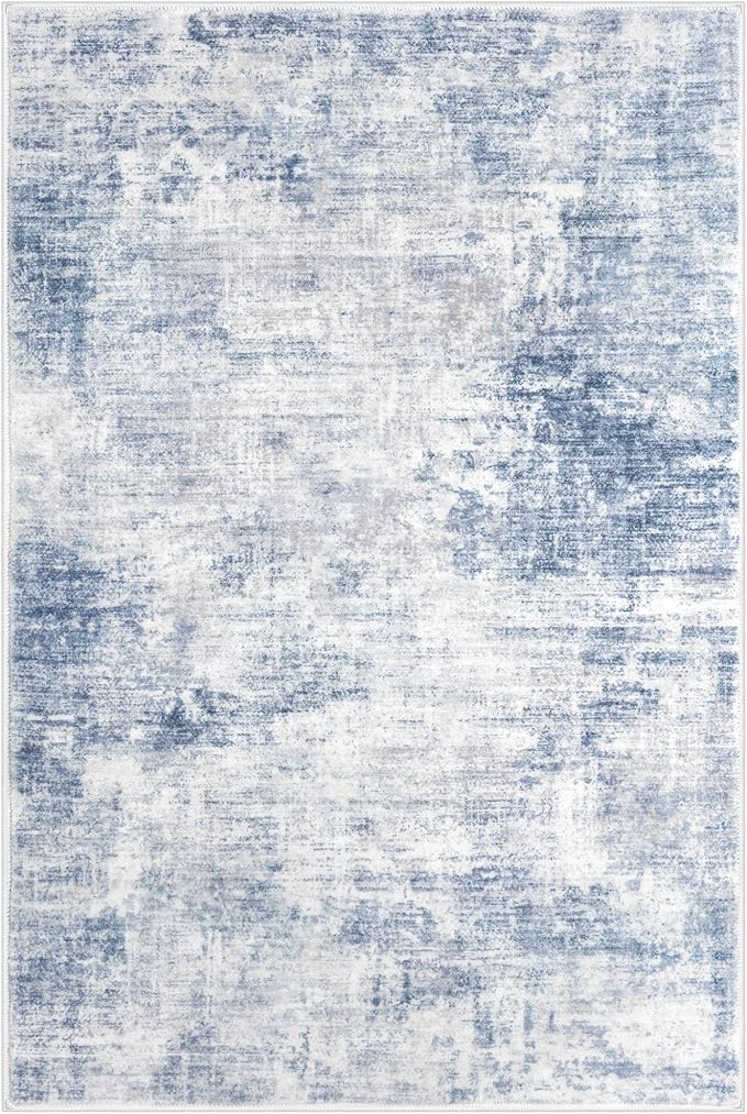 IOHOUZE Abstract Area Rugs 6x9 Ft Washable Rugs for Living Room, Non Slip Dining Room Rug, Printed Faux Wool Rugs for Bedroom, Floor Carpet for Office Nursery Playroom, Light Blue White