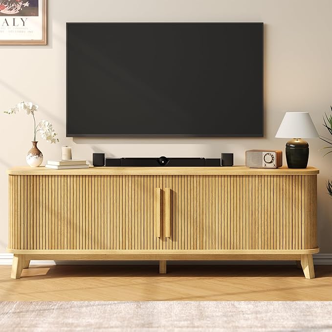 66" TV Stand for 80 Inch TV, Modern Entertainment Center with Storage Cabinet and Adjustable Shelves, Mid-Century Wood Curved TV Media Console with Sliding Doors for Living Room, Bedroom, Natural Oak