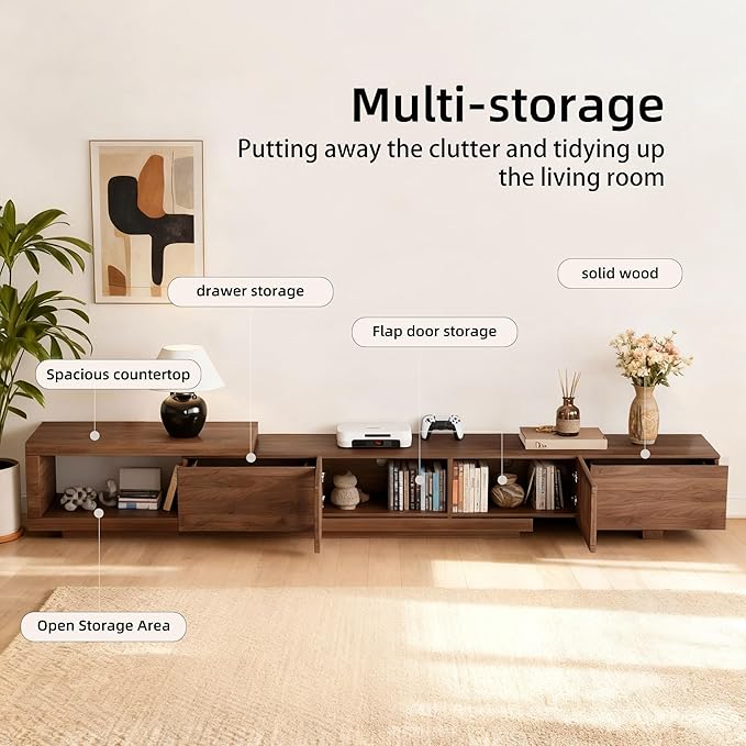 94.48" Mid Century Modern TV Stand for TVs up to 70"-90",Tv Console with 4 Storage Cabinets, Media Furniture for Living Room or Bedroom,Walnut (70.87“) (78.54“ to 103")