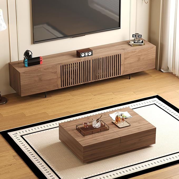 Mid-Century Modern TV Stand & Expandable Coffee Table Set, Walnut Finish, Stylish Storage Combo for Living Room or Bedroom (70.87" TV Stand+Coffee Table)