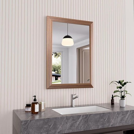Amorho 22" X30" Bathroom Mirror, HD Reflection Metal Framed Mirror for Wall, Anti-Rust, Hang Horizontally/Vertically, Suitable for Bedroom, Farmhouse, Bathroom, entryway (Walnut Wood Grain)