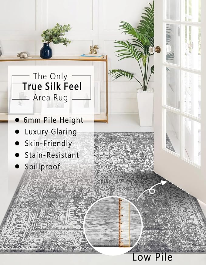 vivorug 3x5 Area Rugs, Stain Resistant Washable Rug for Living Room, Vintage-Inspired Grey Rug