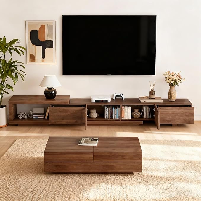 94.48" Mid Century Modern TV Stand for TVs up to 70"-90",Tv Console with 4 Storage Cabinets, Media Furniture for Living Room or Bedroom,Walnut (70.87“) (78.54“ to 103")