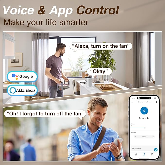 52" Smart Ceiling Fan with LED Lights Remote,Quite DC Motor,Voice Control via Alexa Google WIFI Phone,Outdoor Indoor Modern Ceiling Fans,Dimmable,for Bedroom Patio Porch,Gold and White Black