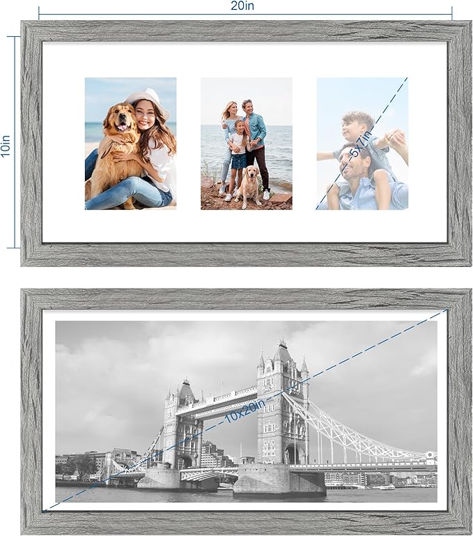 10x20 Picture Frame Set of 2, Rustic Grey Wood Frame with Real Glass Collage Frame, Display Pictures Three 5x7 With Mat or 10 x 20 Without Mat - Horizontal or Vertical Wall Mounting