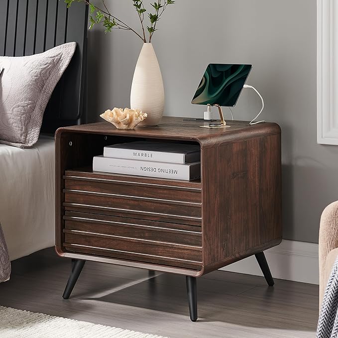 RedLemon 24" Nightstand with Charger Station, Mid Century Modern Fluted End Table with 2 Drawers, Wooden Side Table with Open Cubby Storage for Living Room, Bedroom, Office (Dark Walnut)