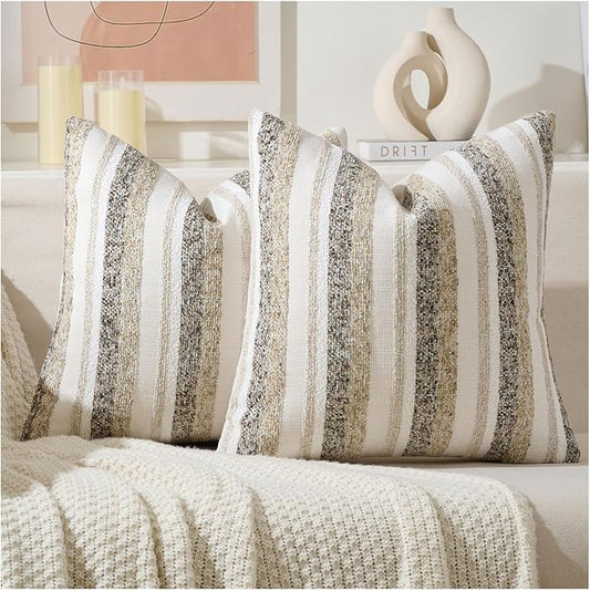Zealax Modern Farmhouse Decorative Pillow Covers 20x20 Inch Boho Throw Pillows Neutral Soft Chenille Couch Cushion Covers, Set of 2 Velvet Striped Accent Pillows Cases for Sofa Bed Living Room, Beige