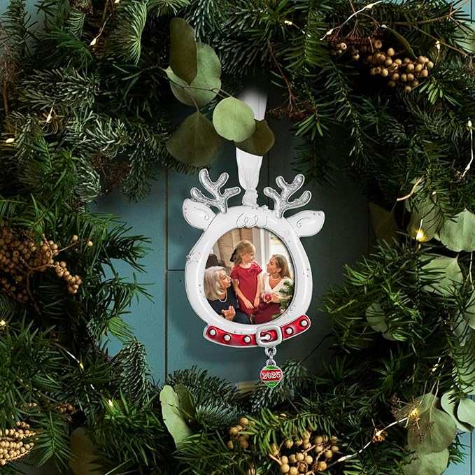 West style 2025 Snowflake Christmas Tree Ornaments Set 3 Pieces-Metallic Picture Frame Ornament Hanging Home Deco Gnomes Reindeer Hanging Pendant Holiday Keepsake Gift (White)