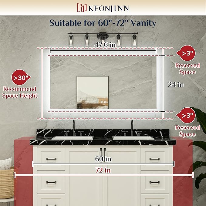 Keonjinn 47.8 x 24 Inch LED Bathroom Mirror with Backlit, Dimmable Vanity Mirror with Lights, High Lumen, Anti-Fog, CRI90+, UL Listed LED Driver, HD Tempered Glass
