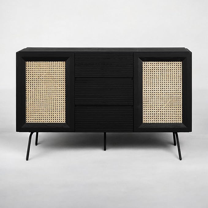 NTC MOSSIC Sideboard with 2 Doors and 3 Drawers, Buffet Cabinet with Natural Rattan and Metal Legs, Modern Storage Cabinet for Living Room, and Hallway, Effortless Assembly - Burnt Black