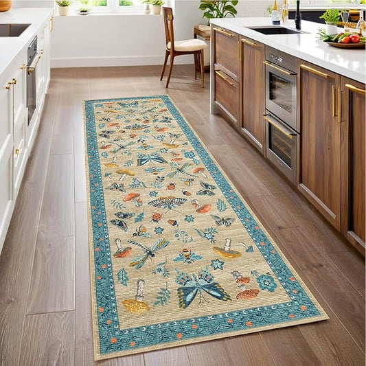 Mushroom Insect 2x6 Runner Rug for Hallway Washable Kitchen Rugs Non Slip with Rubber Back Khaki Blue Low-Pile Stain Resistant Indoor Carpet for Entryway Bathroom Laundry Dorm