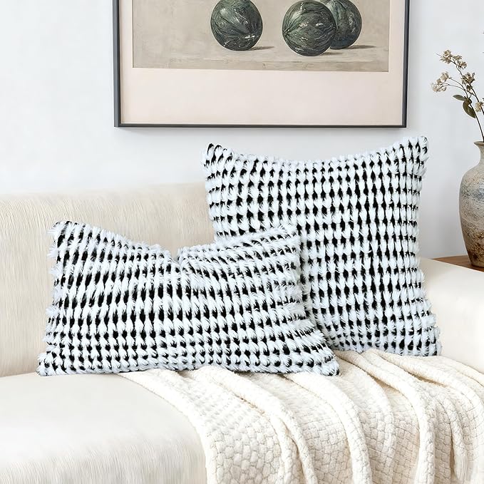 Boho Chenille Tufted Pillow Cover 12x20 Inch Set of 1, Farmhouse Striped Decorative Pillow Covers Accent Fluffy Neutral Lumbar Pillowcases for Couch Sofa Bedroom Living Room, Black White