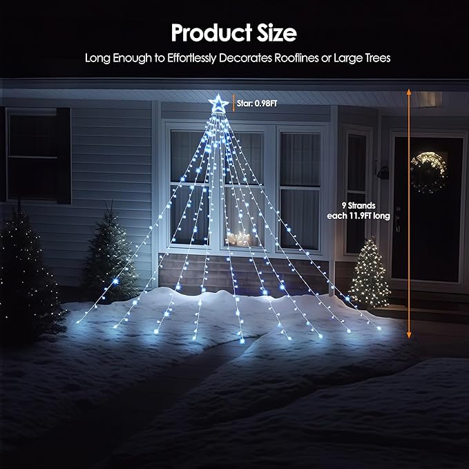 WBao Outdoor Christmas Decorations with 12" Star Topper, 344 LED 11.9ft Waterfall Christmas Lights with Remote Control, 8 Modes, 3 Timers, UL Listed, Waterproof for Tree Roof Porch Decor, Cool White