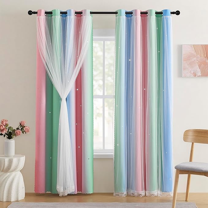 XiDi Pink & Rainbow Curtains for Kids & Girl Bedrooms - Blackout, Unicorn Wall Decals, 52x63 Inch
