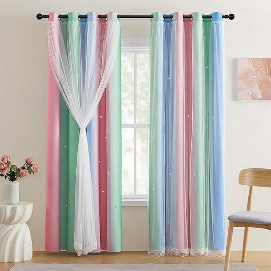 XiDi Pink & Rainbow Curtains for Kids & Girl Bedrooms - Blackout, Unicorn Wall Decals, 52x63 Inch