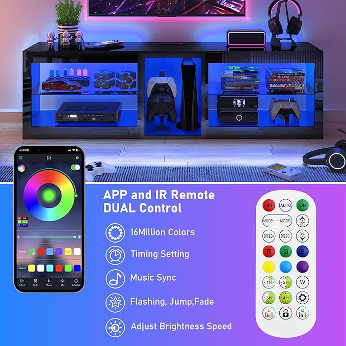 Vinctik 6&Fox LED TV Stands w/Power Outlet,60,00-Colors Lighting for 60 65in TV, 55" Modern High Gloss Entertainment Center,TV Console W/Adjustable Glass Shelves for Living Room Game Bedroom (Black)