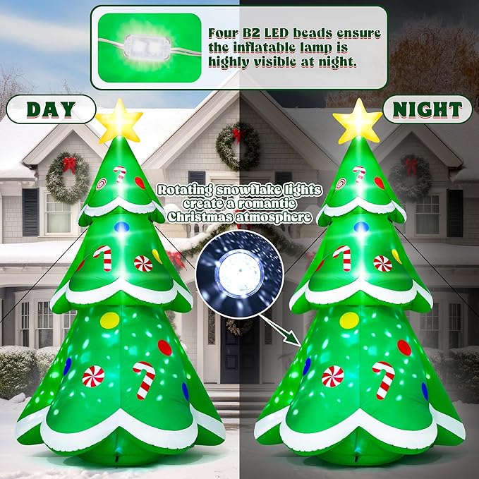 14FT Christmas Inflatable Decorations, Giant Blow Up Xmas Tree, Lighted Up Christmas Tree Inflatables with Rotating Snowflake Lamp, Colorful Yard Decoration for Xmas Holiday Lawn Party