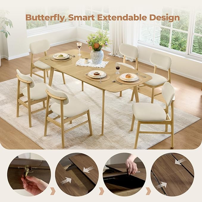 CHITA 59"-75" Extendable Dining Room Table for 4-6, Modern Wood Dining Table for Small Spaces, Kitchen, Space Saving Hidden Leaves, Solid Rubberwood Frame, Oak Venner