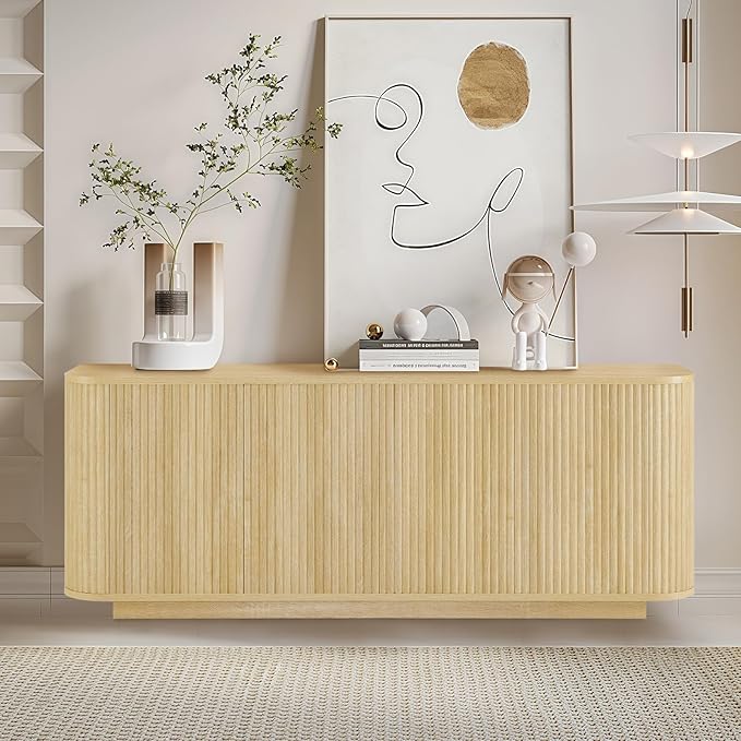 64" Buffet Sideboard Cabinet with Storage, Modern Fluted Accent Credenza with Adjustable Shelves, Wood Coffee Bar Console Table for Living Room Kitchen Dining Room Hallway, Natural